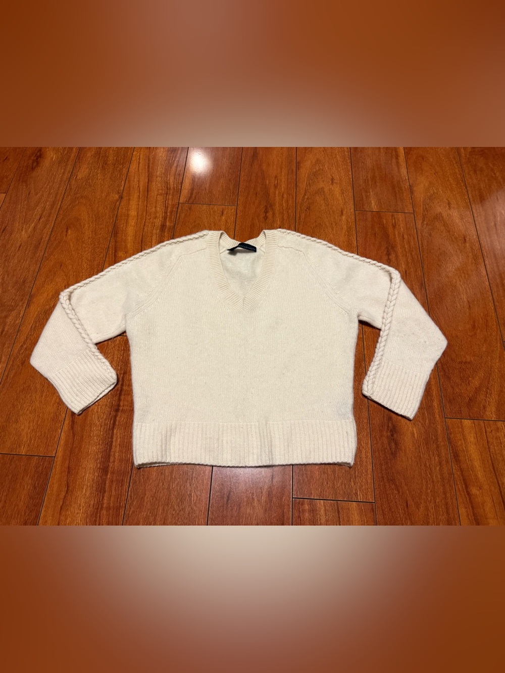 360 Cashmere Cream V-Neck Cable Sleeve Sweater